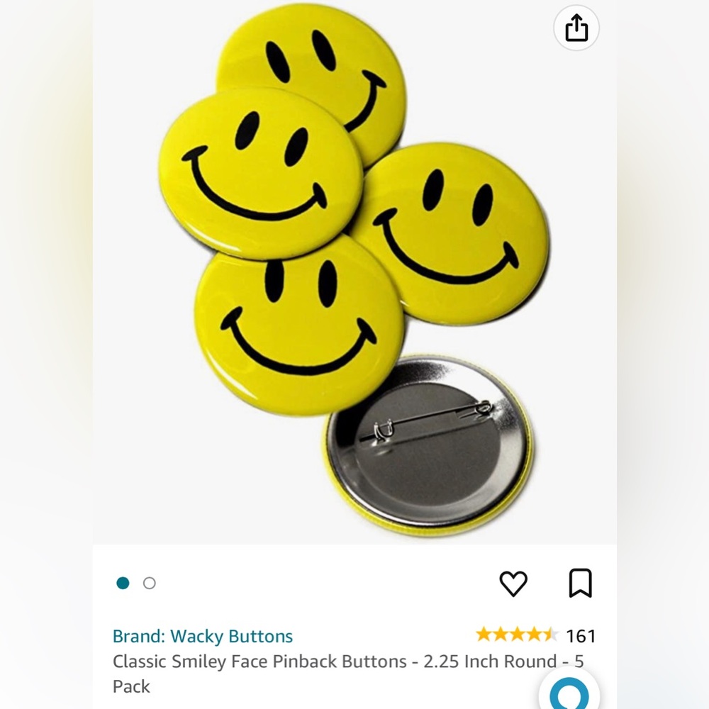 Smiley yellow button pins 5 pk - Picture 1 of 2